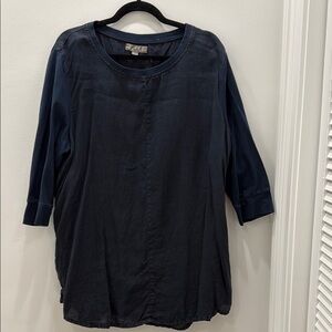 FLAX Dark Navy Linen Tunic with Jersey Accents - Size Large